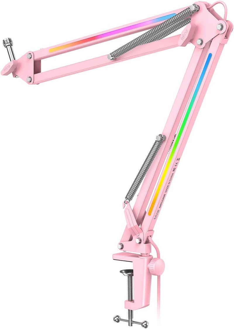 FIFINE Microphone Boom Arm, Metal Adjustable Mic Arm Stand with RGB Button, 3/8” to 5/8” Screw Adapter, Desk Mount Clamp, Suspension Scissor Mic Stand for Gaming Streaming Podcast-AmpliGame BM38P - Image 1